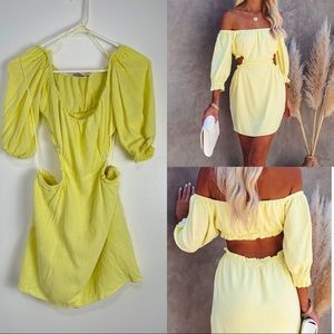 SkyLar Rose Linen Blend Cutout Off Shoulders Puff Sleeves Mini Dress